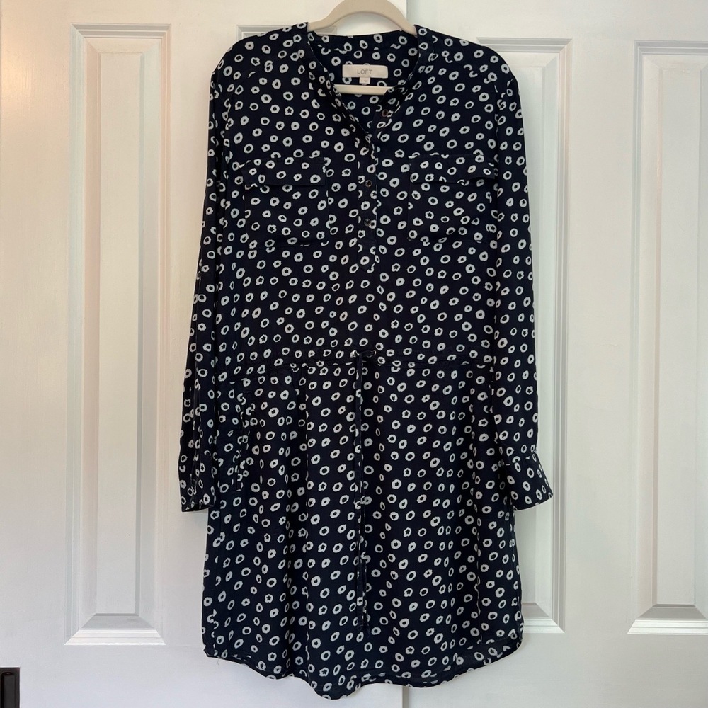 Ann Taylor LOFT Long Sleeve Drawstring Waist Navy Blue‎ & White Dress Size M